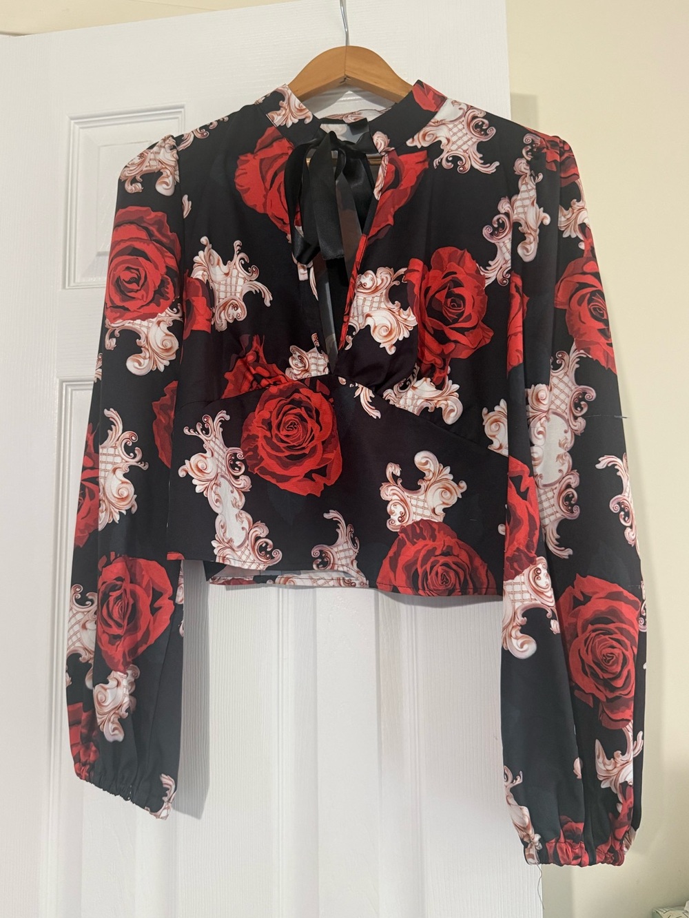 Women's Black Red Rose Tie-Neck Blouse